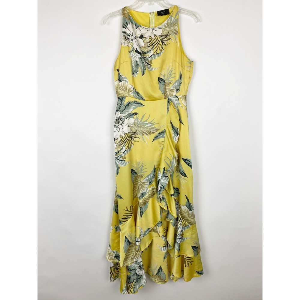 AX Paris Tropical Floral Ruffle High Low Midi Dress Womens 6 (UK 10) Yellow